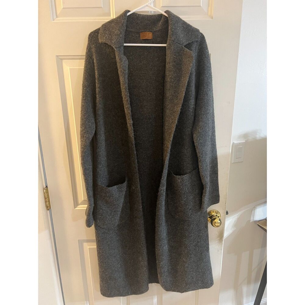POL Charcoal Gray Longline Duster Cardigan Knit Sweater Pockets Rabbit Hair L